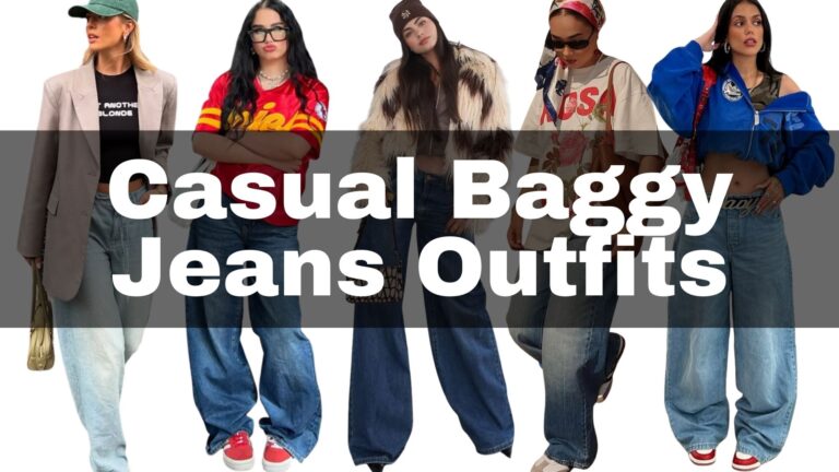The image showcases five women wearing stylish baggy jeans outfits, each featuring distinctive styling elements. One woman pairs high-waisted baggy jeans with a fitted crop top and oversized blazer, while another sports a vibrant graphic tee and chunky sneakers. Additional outfits include a fur jacket and casual tees, highlighting diversity in accessories like hats and bags, offering ample inspiration for a cool, casual look.