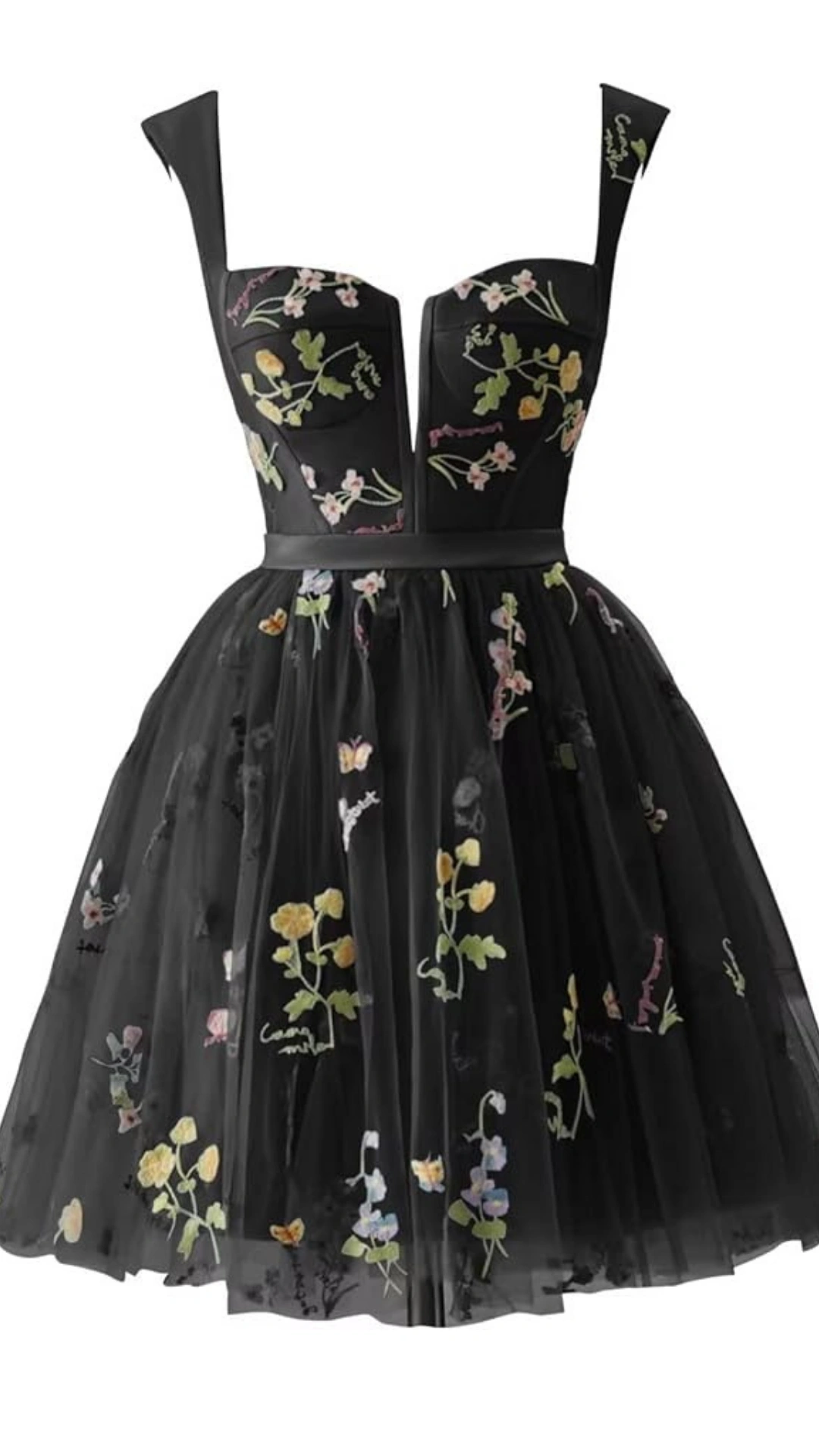 This black homecoming dress features a fitted bodice with a sweetheart neckline, crafted from smooth fabric, and adorned with colorful floral embroidery in hues of pink, yellow, and green. The playful, voluminous tulle skirt adds a whimsical touch, making it a perfect choice for formal occasions like homecoming or prom, reflecting a trendy and romantic vibe ideal for teenage girls.
