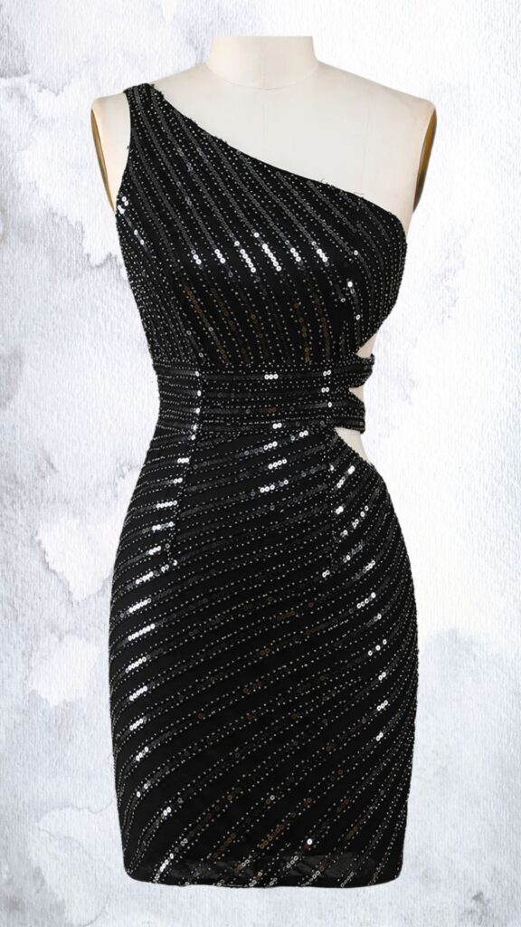 The dress features a fitted silhouette with an asymmetrical one-shoulder neckline. It is embellished with shimmering black sequins arranged in vertical stripes, creating a dynamic visual effect, while cutouts at the waist enhance its contemporary design. The mini length falls above the thigh, with a straight hemline that adds a touch of elegance.