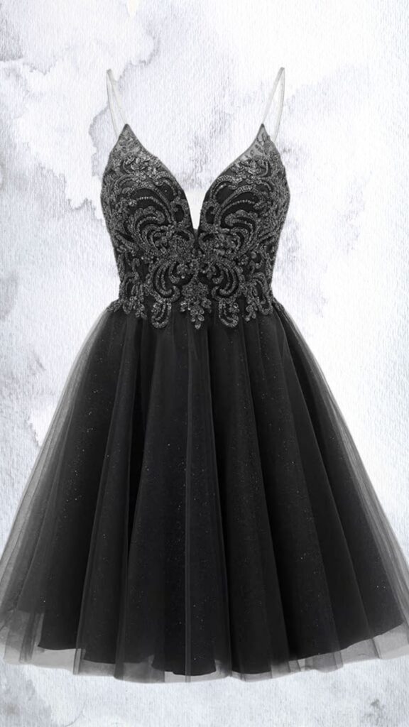 This black mini dress features a fitted bodice with intricate bead and rhinestone embellishments, creating a stunning V-neckline. The skirt is a flared, layered design made of soft tulle, reaching mid-thigh with a slightly sheer hemline that adds a playful touch. Adjustable spaghetti straps lend a delicate contrast to the bold detailing.