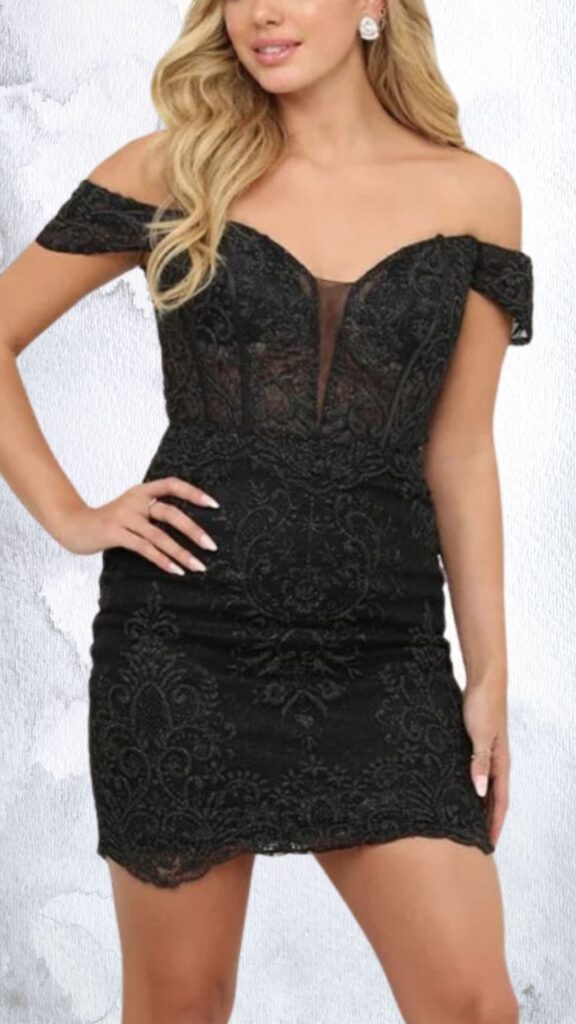 This black mini dress features a fitted silhouette adorned with intricate beaded lace embellishments, creating a luxurious appearance. It has an off-the-shoulder design with a plunging V-neckline and a sheer mesh insert, while the body-hugging hemline is slightly scalloped, enhancing its sleek aesthetic. The dress is designed to highlight the waist, finishing above the mid-thigh for a bold, chic look.