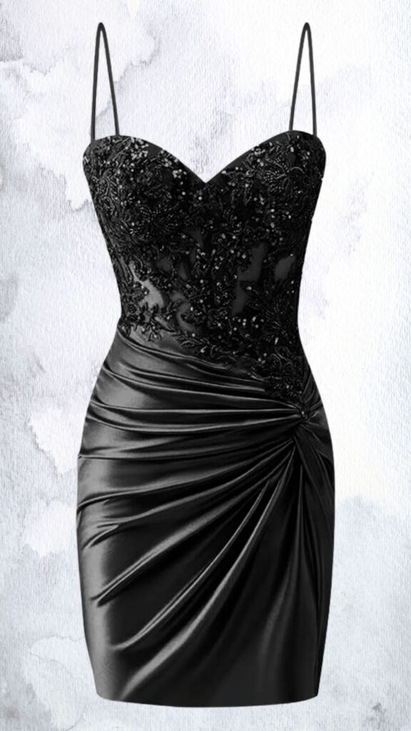 The dress features a fitted silhouette with a sweetheart neckline and thin spaghetti straps, creating an elegant look. The bodice is adorned with intricate beading and embellishments, while the skirt showcases a ruched design that gathers at the waist, enhancing the figure. The mini length and smooth hemline provide a modern, sophisticated touch, perfect for evening occasions.