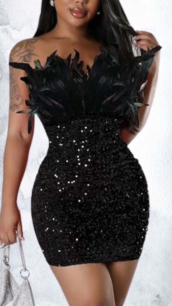 This black mini dress features a bodycon silhouette adorned with shimmering sequins and a dramatic, feathered neckline. It has a strapless design that accentuates the shoulders and a fitted waist that flares slightly at the hem, creating a striking and glamorous look perfect for special occasions.