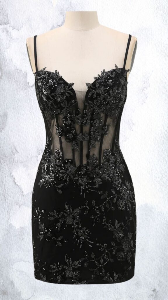 This black mini dress features a fitted silhouette with delicate embellishments of beads and sequins that create a floral pattern. It has a plunging V-neckline with thin, adjustable spaghetti straps and a transparent mesh panel at the sides, enhancing its alluring design. The hemline ends mid-thigh, providing a chic and sexy look suitable for evening events.