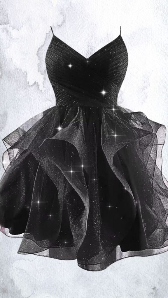This black mini dress features a fitted bodice with a plunging V-neckline and delicate spaghetti straps, creating an elegant silhouette. The dress has a layered skirt made of shimmering mesh, characterized by ruffled detailing that adds volume and movement, while a subtly embellished, glittery finish enhances its festive appeal. The hemline is playful and flirty, falling above the knee, perfect for both formal events and celebrations.