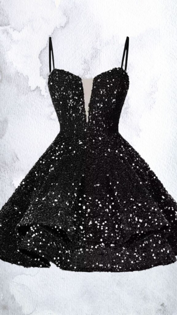 Black mini dress featuring a structured silhouette with a pronounced sweetheart neckline and adjustable spaghetti straps. The dress is richly embellished with sequins and beads, creating a dazzling effect, and has a flared skirt that gracefully falls above mid-thigh with a slightly scalloped hemline.