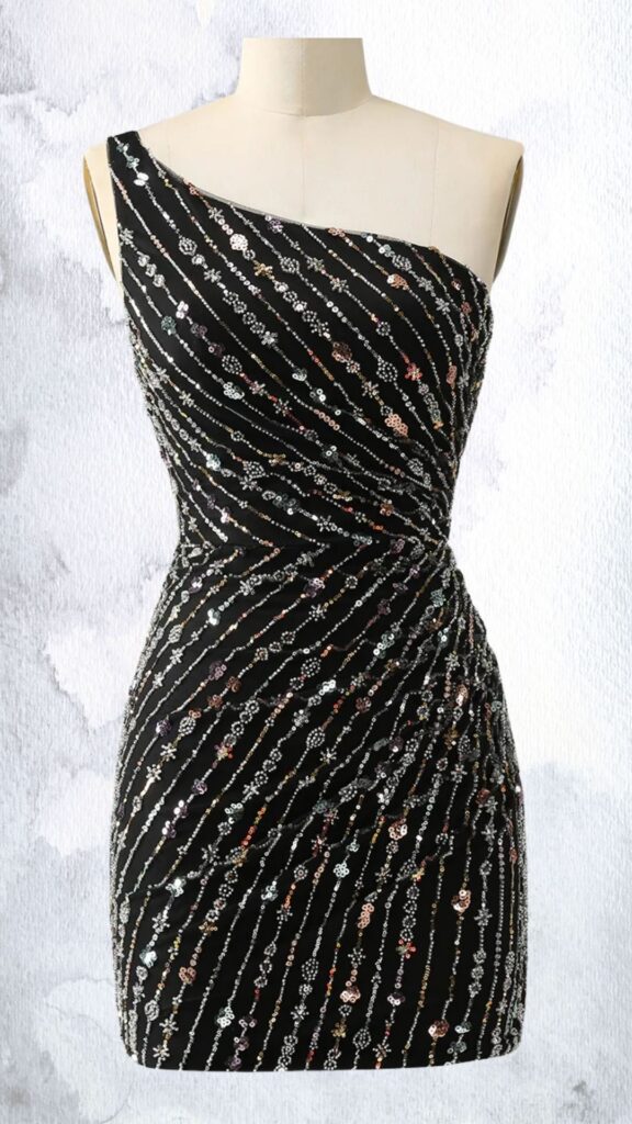 This black mini dress features a one-shoulder silhouette with a diagonal neckline and a fitted bodice. It is adorned with intricate beadwork and sequins arranged in a diagonal striped pattern, emphasizing the ruched detailing at the waist. The dress falls above the mid-thigh, offering a sleek and modern hemline.