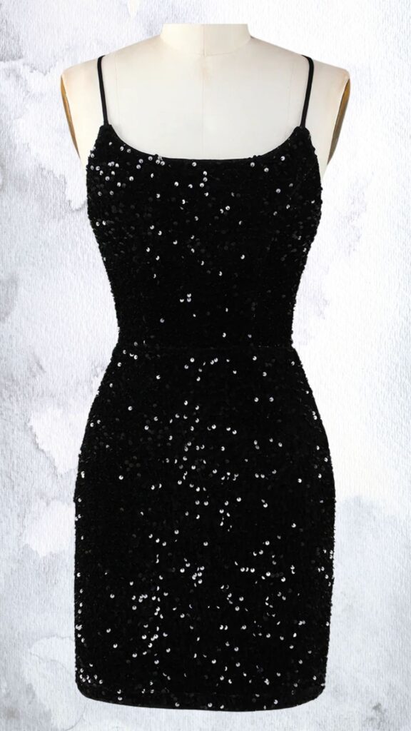 This black mini dress features a fitted silhouette adorned with shimmering sequins throughout. It has a square neckline with thin spaghetti straps and is designed to hit mid-thigh, creating a chic and sultry look. The seamless waist accentuates the figure, making it an ideal choice for evening events.