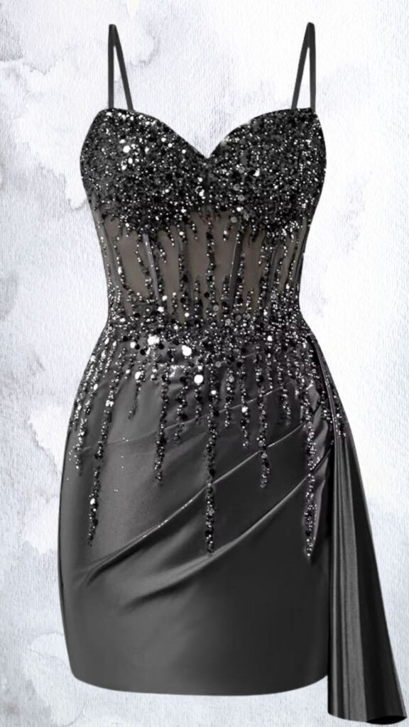 This black mini dress features a fitted silhouette with a structured, sweetheart neckline and thin adjustable straps. The bodice is adorned with cascading embellishments of beads and sequins, transitioning into a sleek draped hemline on one side, enhancing its sophisticated allure. The overall design combines sheer mesh elements and a form-fitting skirt for a striking juxtaposition of elegance and edge.