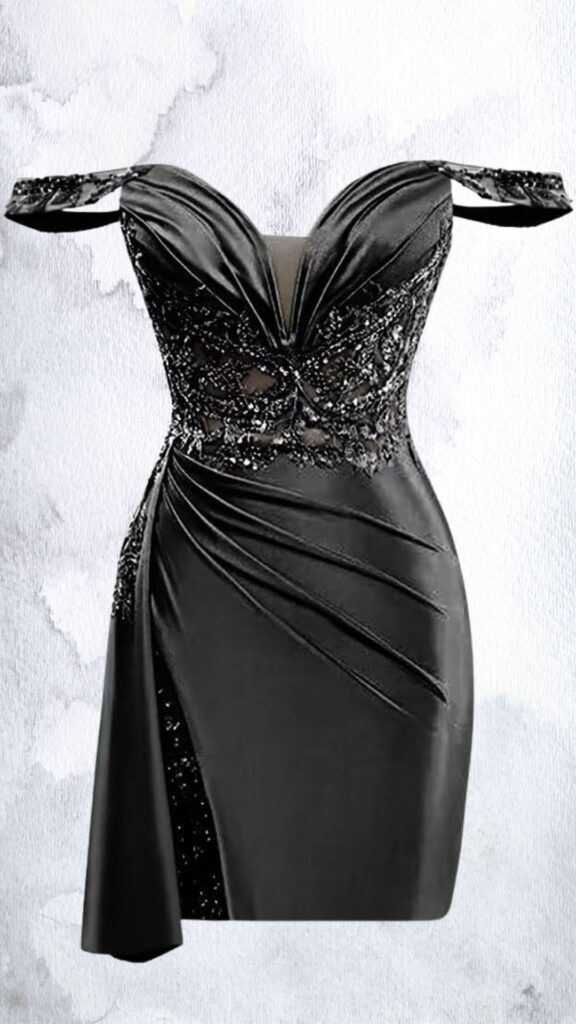 This black mini dress features a fitted silhouette with a lavishly embellished bodice showcasing intricate bead and rhinestone detailing along a plunging sweetheart neckline. The dress has off-the-shoulder straps, a draped design that creates a flattering waistline, and a thigh-high slit, enhancing its elegant yet alluring appearance. The hemline is cut sharply to accentuate the legs, making it a striking choice for evening events.