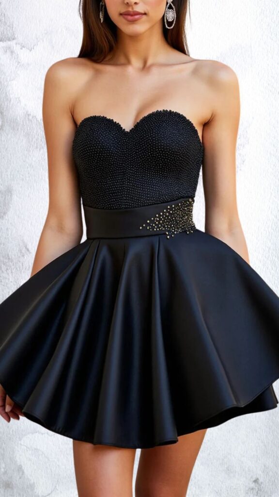 The dress features a strapless silhouette with a sweetheart neckline, showcasing a fitted bodice adorned with intricate black beading. The waist is cinched with a sleek belt, and it transitions into a flared, playful skirt that falls above the knee, highlighted by a subtle sheen and a unique embellishment of decorative beads on one side.