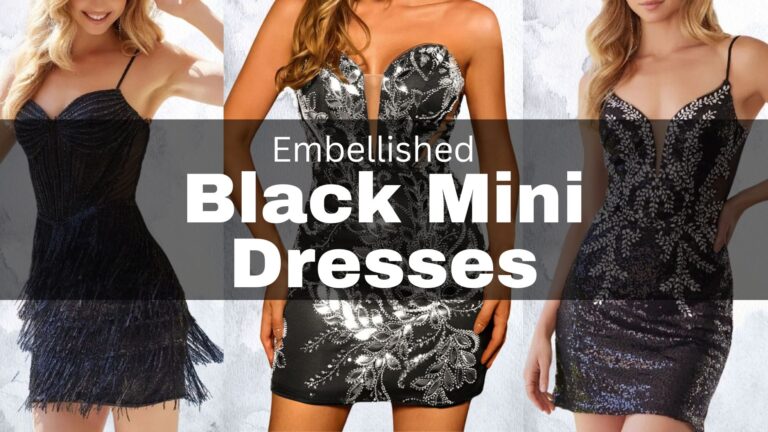 collection of black mini dresses: The image showcases three black mini dresses, each featuring unique embellishments. The first dress has a fitted silhouette with intricate beadwork and thin straps, while the second boasts a deep V-neck and mesh cutouts, adorned with sequins and rhinestones. The third dress presents a strapless design with a smooth, sleek finish at the hem, highlighting its form-fitting, bodycon style.