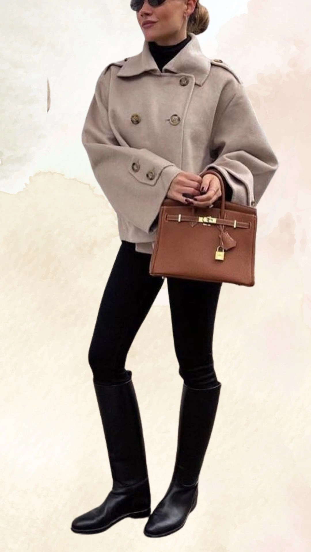 A light beige double-breasted coat with bell sleeves features gold buttons, providing a structured yet relaxed fit. It is paired with slim black jeans that fit snugly, and knee-high black leather boots complete the look. This outfit combines elegance with casual comfort, perfect for fall.