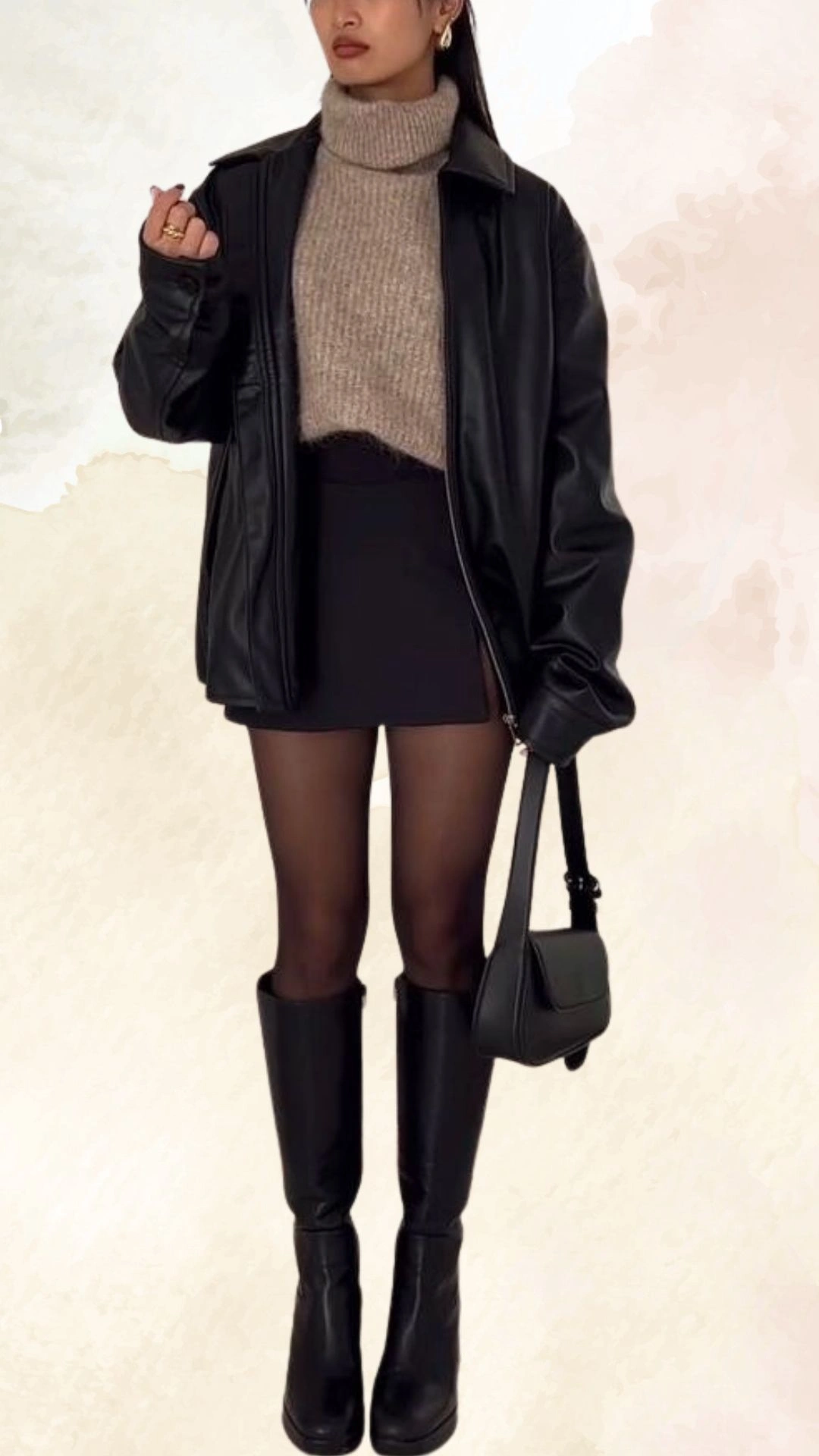 The outfit features a soft, beige turtleneck sweater paired with a black mini skirt, creating a balanced contrast between cozy and chic. A black oversized leather jacket adds a touch of edge, while knee-high black boots complete the look. The fit is relaxed at the top with a fitted silhouette at the bottom, enhancing a streamlined appearance.