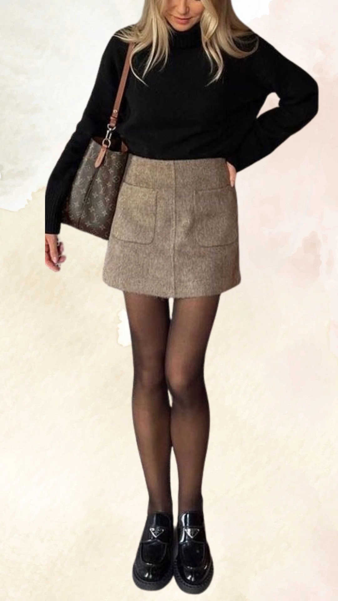 The outfit features a relaxed-fit black turtleneck sweater paired with a tailored, high-waisted mini skirt in a warm beige tweed, which includes two front pockets. The look is completed with sheer black tights and shiny black loafers, offering a smart yet casual ensemble perfect for fall.