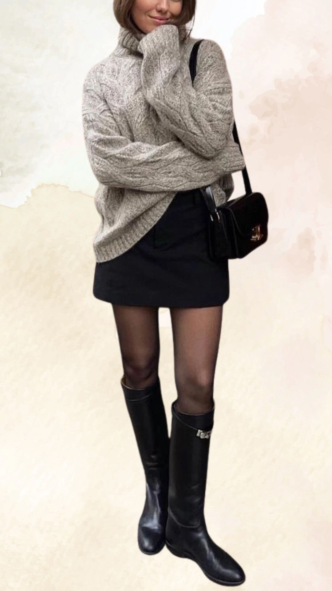 The outfit features a chunky, light gray turtleneck sweater with textured cable knit design, paired with a fitted black mini skirt. She completes the look with sheer black tights and knee-high black boots, creating a stylish and cozy casual fall ensemble. The relaxed fit of the sweater contrasts with the sleek silhouette of the skirt, enhancing the autumn aesthetic.