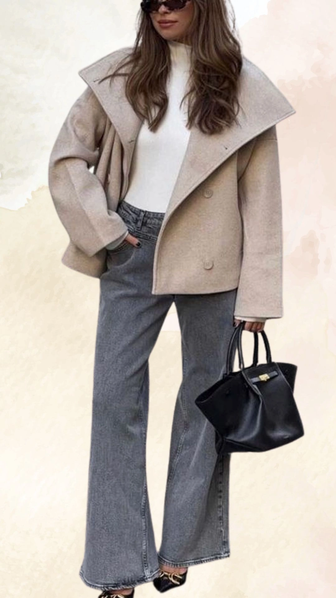 The outfit features a light beige oversized double-breasted coat with wide lapels, paired with a fitted white turtleneck that enhances the silhouette. The bottom half consists of high-waisted, loose-fitting gray jeans that flare at the hem, creating a relaxed yet stylish look, complemented by a small black structured handbag. Overall, this ensemble is perfect for casual fall outings, blending comfort with contemporary style.