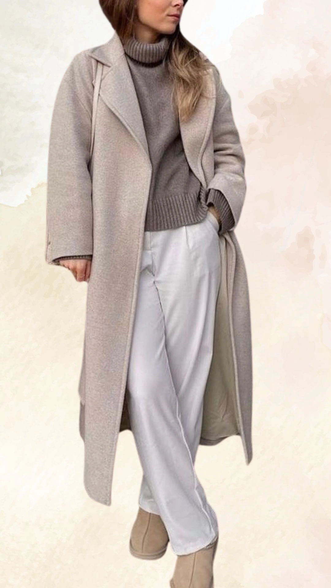 The outfit features a light taupe oversized wool coat with a wide lapel, layered over a fitted, dark taupe turtleneck sweater that has a ribbed texture at the hem and cuffs. The ensemble is complemented by loose, cream-colored trousers and beige ankle boots, creating a cozy and sophisticated casual fall look.