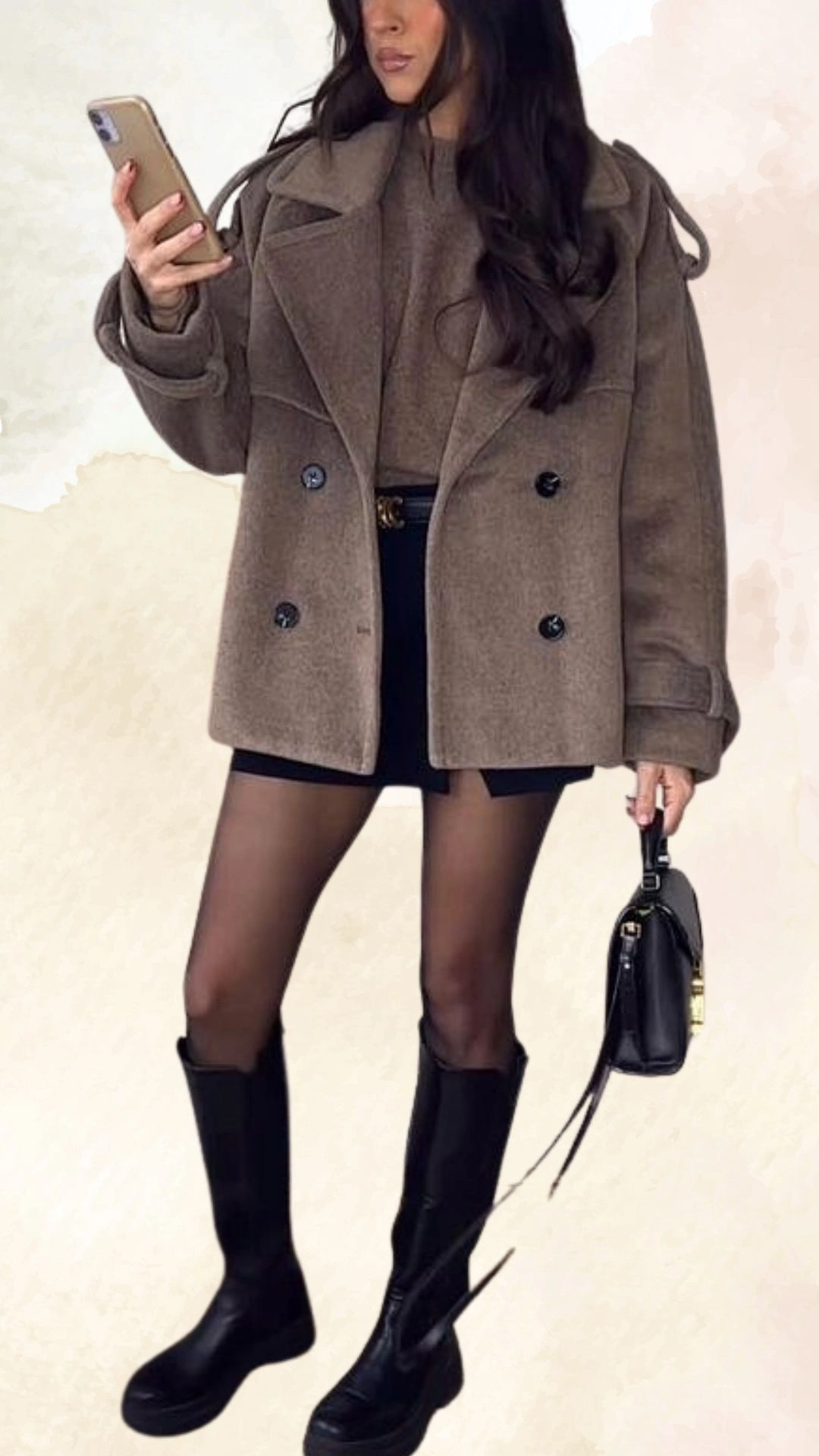 The outfit features a cozy, oversized brown double-breasted coat with large black buttons, layered over a fitted taupe sweater. Paired with a sleek black mini skirt and sheer black tights, the look is completed with knee-high black boots. This ensemble blends comfort and style, ideal for casual fall outings.