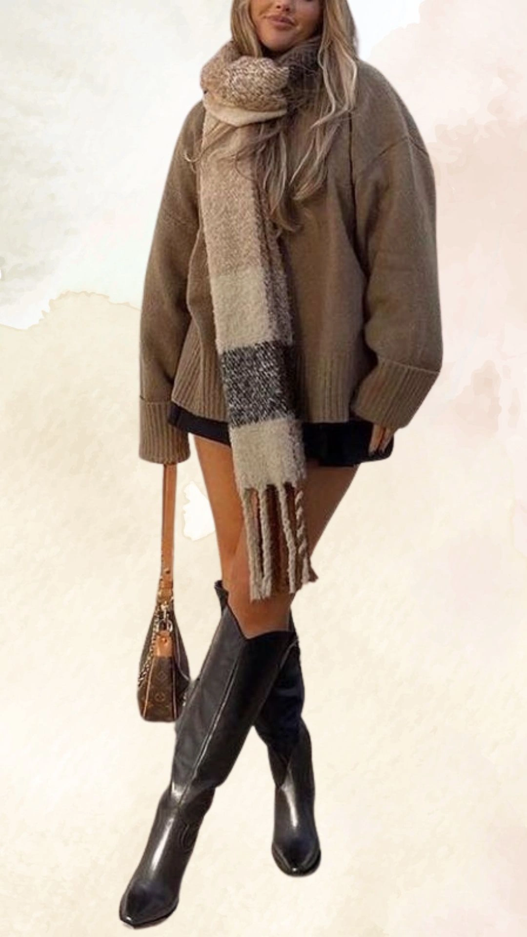 The outfit features an oversized taupe sweater with ribbed cuffs, layered over a black mini skirt. A soft, color-blocked scarf in cream and beige hues adds texture, while knee-high black glossy boots complete the look, creating a chic and cozy ensemble perfect for casual fall outings.