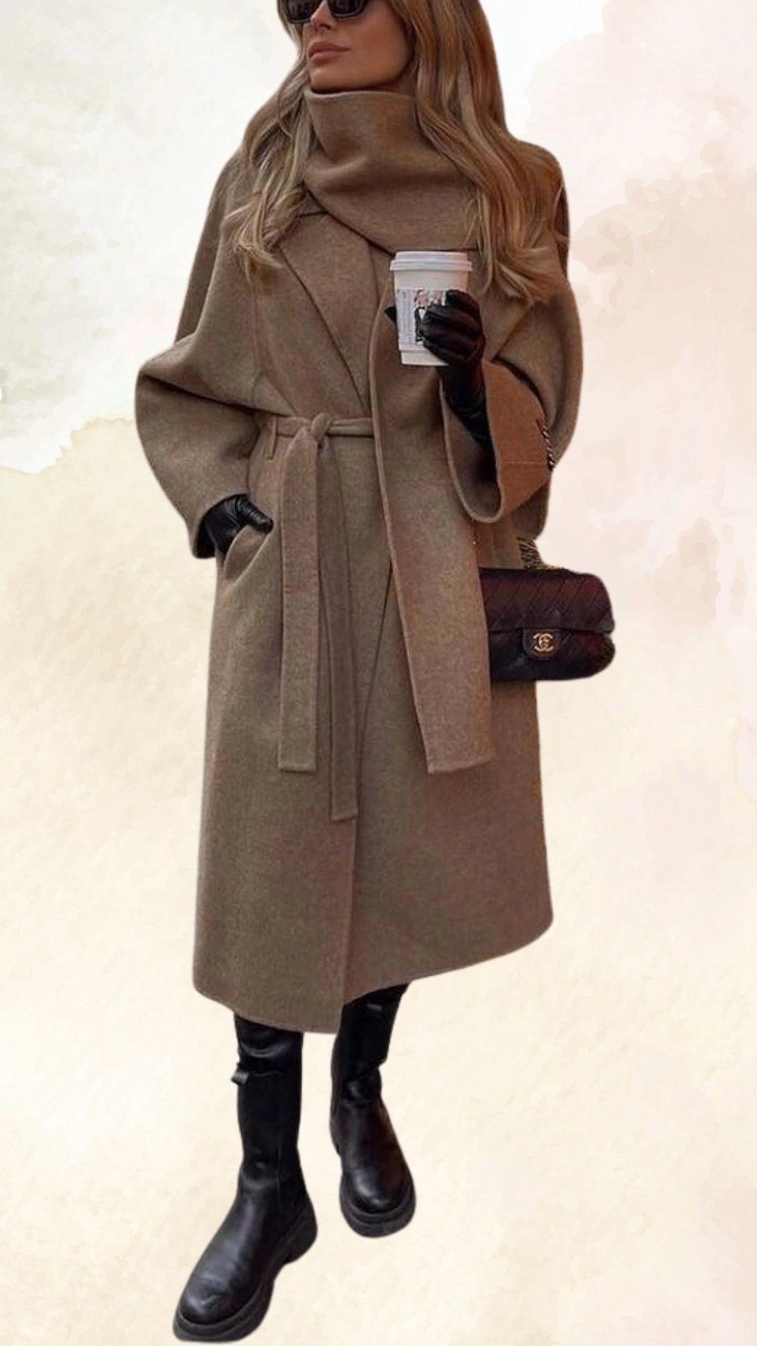 The outfit features an oversized, wrap-style coat in a warm taupe hue, designed with a high collar and a belt that cinches at the waist. The model complements the coat with sleek black leather gloves and knee-high black boots, creating a chic, streamlined silhouette perfect for casual fall outings. A small, elegant dark handbag adds a refined touch to the overall look.