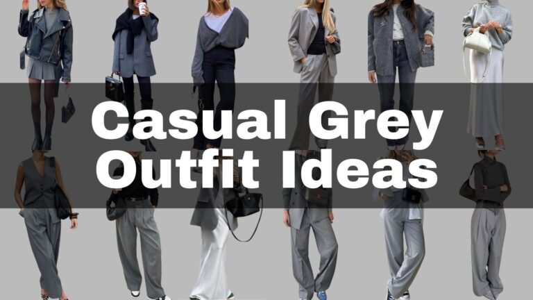 collection of different casual grey outfits with different grey garments like grey jeans, grey pants, grey sweaters, grey accessories