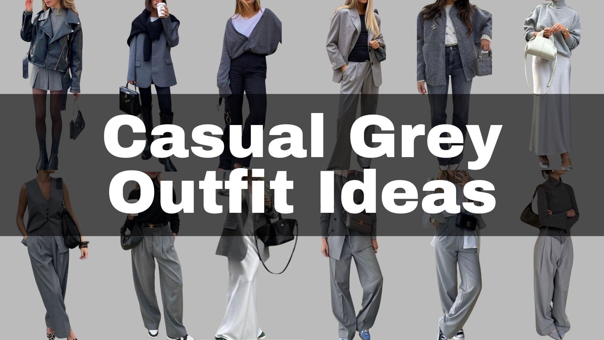 collection of different casual grey outfits with different grey garments like grey jeans, grey pants, grey sweaters, grey accessories