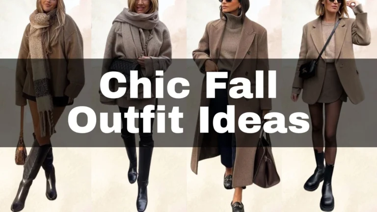 collection of chic fall outfits featuring a range of casual fall styles, predominantly in earthy tones such as taupe, beige, and dark brown. Key details include oversized knitted sweaters, tailored blazers, and fitted skirts layered with tights, creating diverse silhouettes from relaxed to structured fits. Accessories like scarves and ankle boots provide additional texture and warmth, perfect for autumn weather.