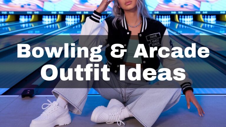 The outfit features a black and white letterman-style jacket paired with a cropped, light teal top, creating a sporty yet trendy look. Light-wash wide-leg jeans add a relaxed vibe, while white chunky sneakers provide comfort and style. Minimalist silver jewelry complements the outfit, making it perfect for a fun bowling or arcade outing.