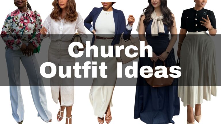 The outfit ideas feature a variety of polished, modest looks suitable for church. Key garments include floral blouses, elegant skirts, tailored pants, and classic dresses in soft colors like white, navy, and gentle pastels. Accessories like structured handbags and refined shoes complete the clean, sophisticated vibe, promoting both style and appropriateness.