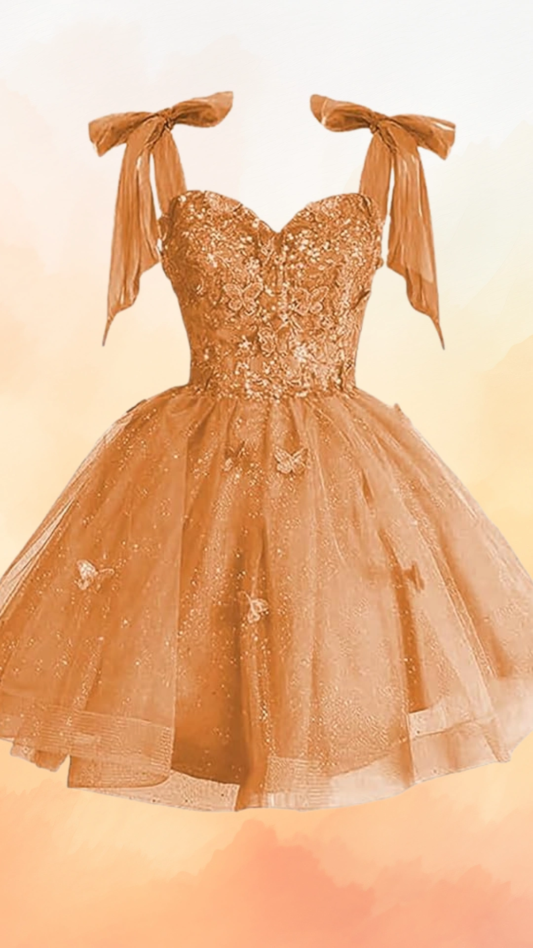 This enchanting orange homecoming dress features a fitted, corseted bodice adorned with intricate floral embellishments and shimmering sequins, while the voluminous skirt, made of soft tulle, cascades gracefully. With delicate ribbon straps and a whimsical butterfly motif, this playful yet elegant design radiates a cheerful vibe, making it perfect for festive occasions such as homecoming or school dances for teenage girls.
