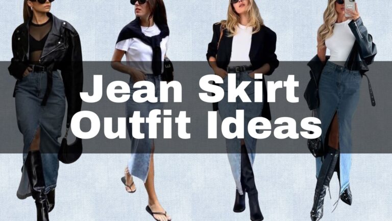 The image features four stylish outfits centered on a mid-length denim skirt characterized by a classic blue wash and a front slit, providing an edgy flair. The outfits include a lightweight black leather jacket, a fitted white t-shirt, and an oversized black blazer, paired with various accessories like sunglasses and boots or sandals, creating a versatile look that balances casual and chic aesthetics. Overall, the vibe exudes modern sophistication, perfect for a range of occasions.