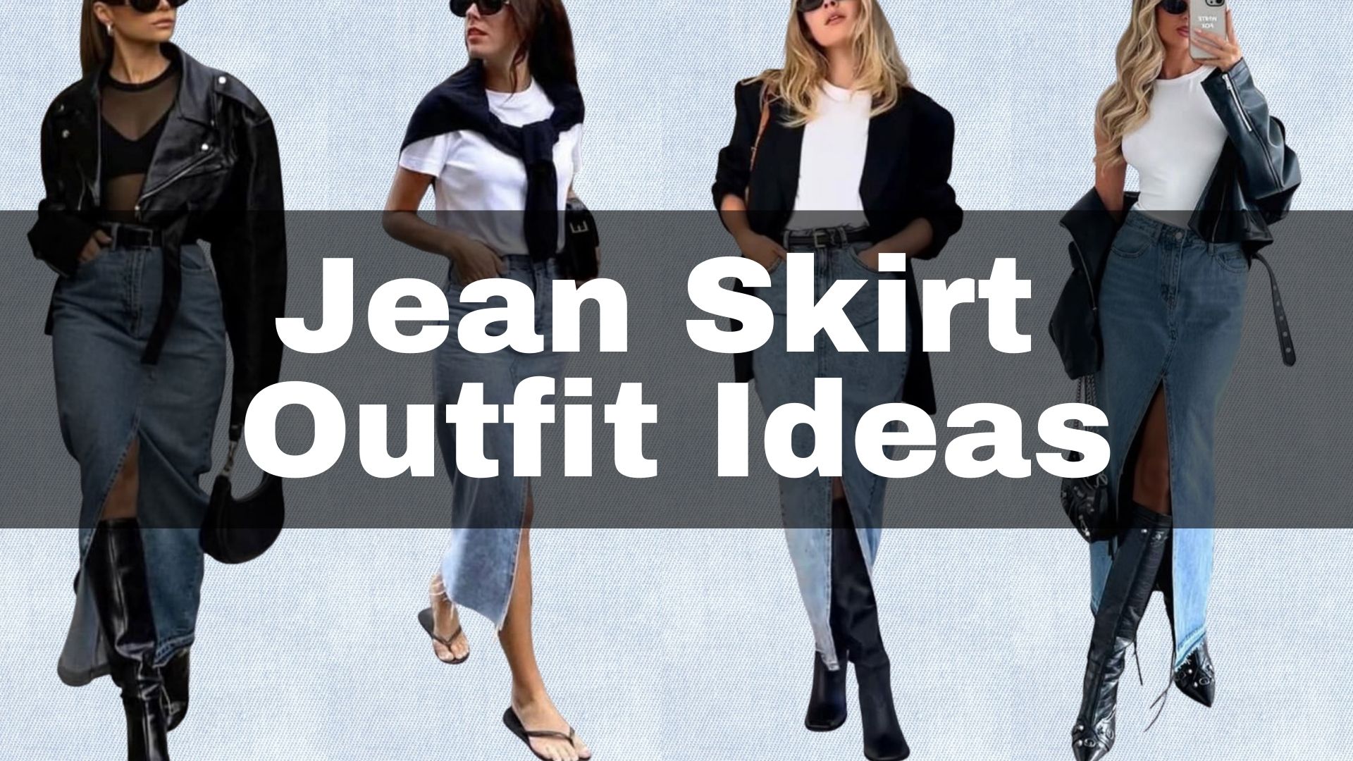 The image features four stylish outfits centered on a mid-length denim skirt characterized by a classic blue wash and a front slit, providing an edgy flair. The outfits include a lightweight black leather jacket, a fitted white t-shirt, and an oversized black blazer, paired with various accessories like sunglasses and boots or sandals, creating a versatile look that balances casual and chic aesthetics. Overall, the vibe exudes modern sophistication, perfect for a range of occasions.