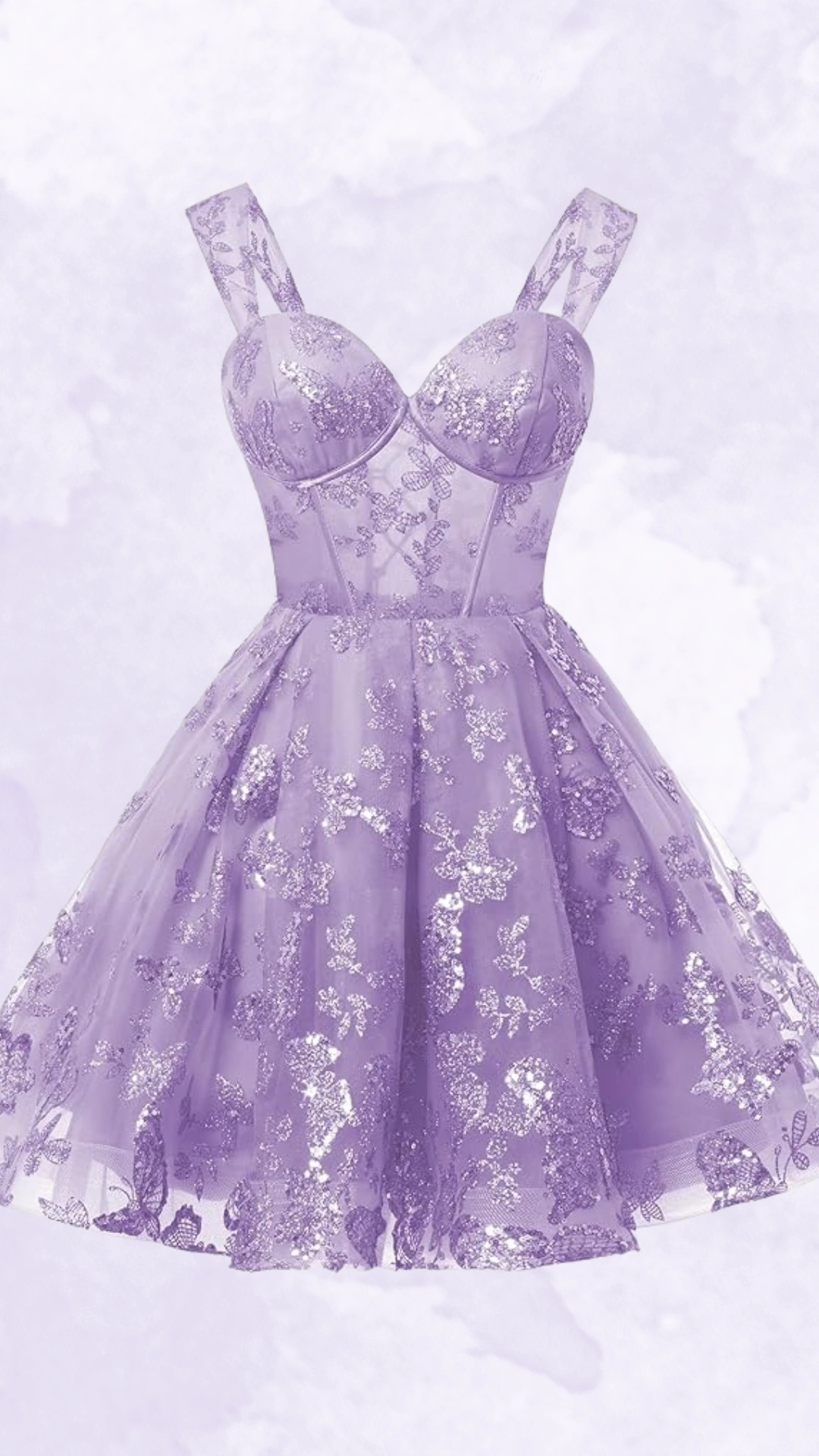 This enchanting homecoming dress features a fitted, corseted bodice adorned with intricate floral lace patterns and shimmering sequins in a soft lavender hue. The voluminous skirt adds a playful touch, making it a perfect choice for teenage girls attending formal events like homecoming or prom.
