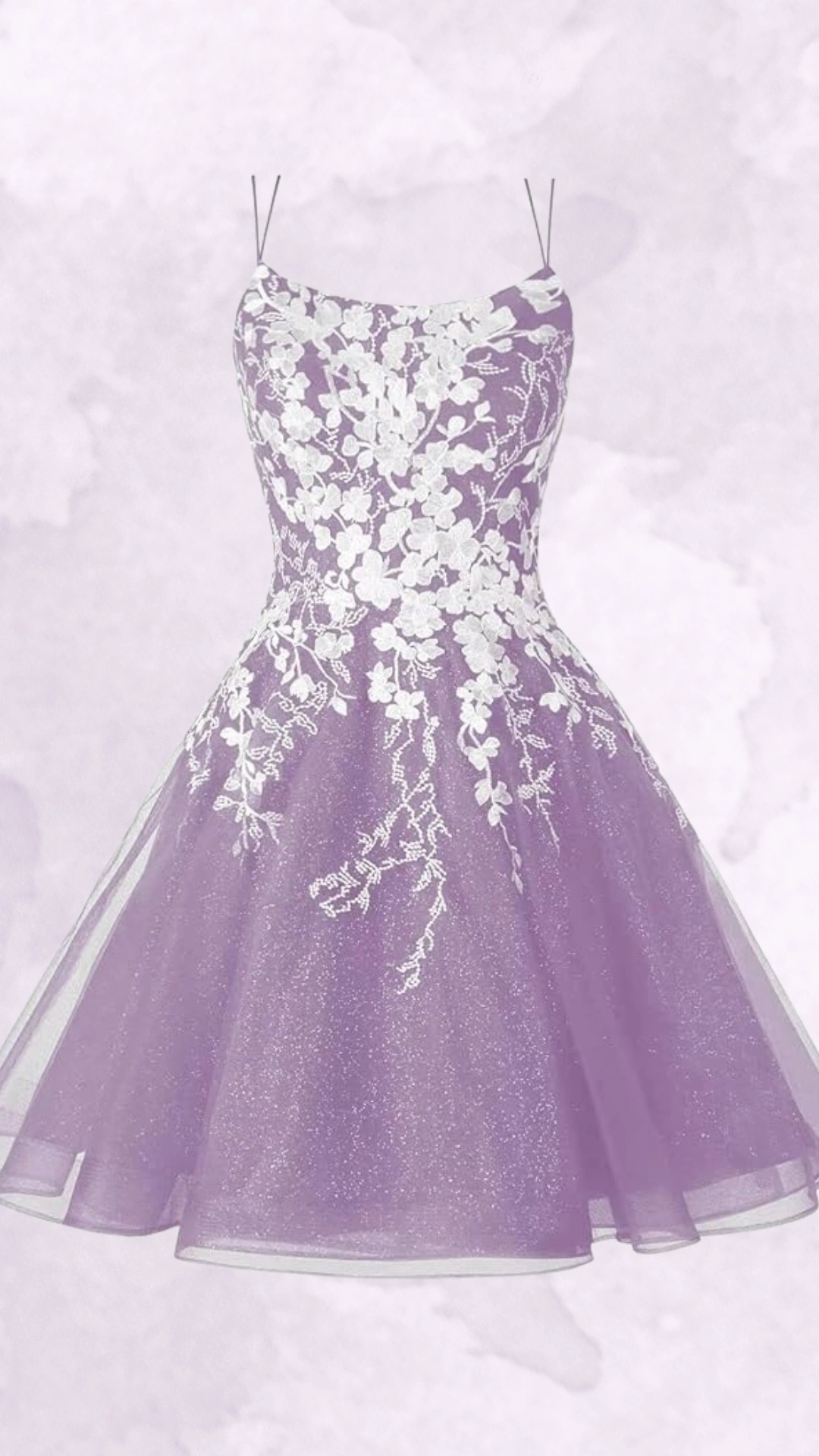This enchanting homecoming dress features a delicate lavender hue with shimmering fabric, adorned with intricate white floral embroidery that adds texture and elegance. The fitted bodice gracefully transitions into a voluminous skirt, creating a whimsical and romantic silhouette, perfect for teen girls attending a formal school dance or party.