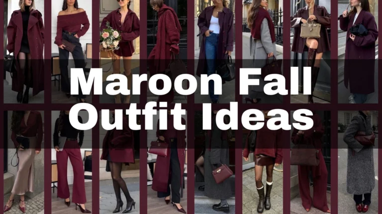 A range of maroon and wine red outfits is displayed, featuring a mix of garments like long coats, fitted blouses, knitted sweaters, and tailored trousers. Standout details include rich textures, off-shoulder designs, and layered looks, with variations in fabric that enhance the overall elegance. The color palette is consistently deep maroon, burgundy, contrasted with muted tones like beige and grey, creating a sophisticated ensemble suitable for various occasions.