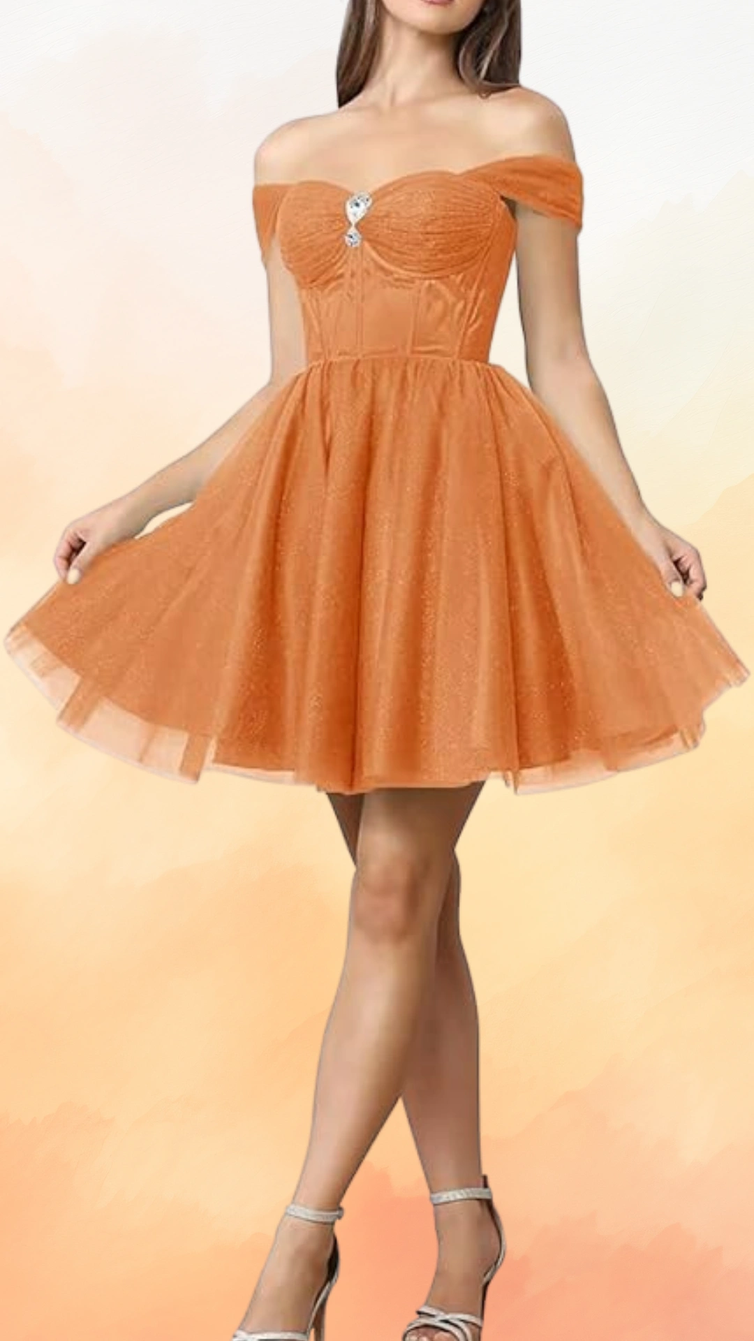 This orange homecoming dress features a playful fit-and-flare silhouette with a fitted corset-style bodice and flared tulle skirt, exuding a youthful and vibrant aesthetic. Made from shimmering fabric with a delicate texture, it is perfect for formal events, making it a trendy choice for teenage girls looking to make a bold statement at dances or parties.