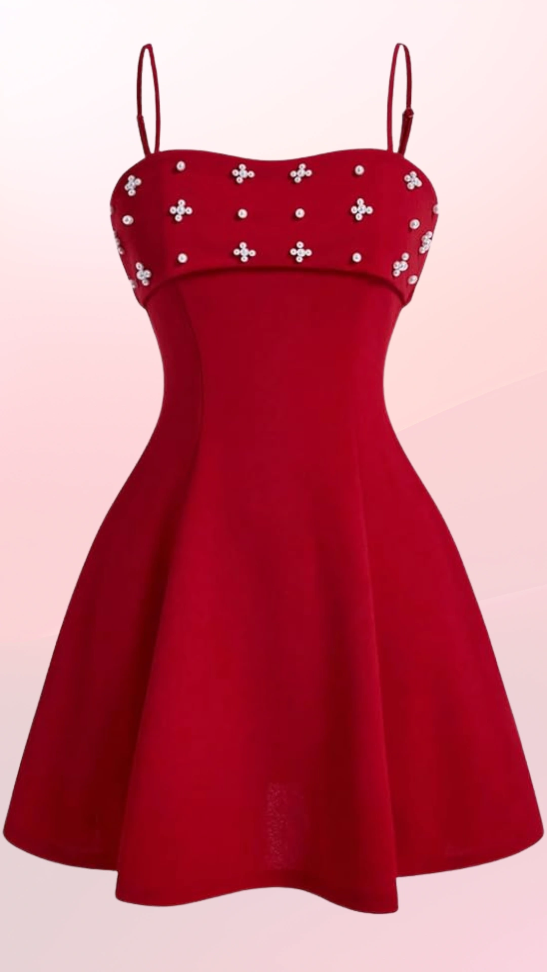 This red homecoming dress features a fitted bodice with delicate bead embellishments and thin straps, complemented by a flared skirt that creates playful volume. The bold red color exudes a vibrant, youthful energy, making it perfect for formal events like homecoming or parties, and is ideal for teenage girls looking to make a statement.