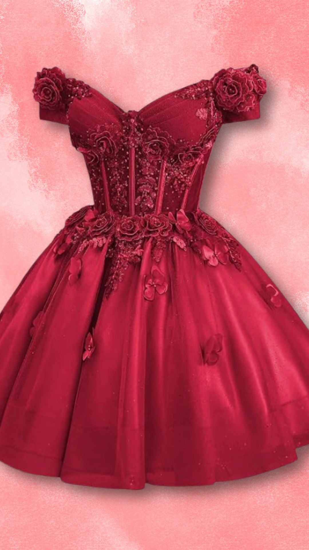 This striking red homecoming dress features a fitted corset bodice adorned with floral appliqués and intricate beading, creating a romantic and opulent vibe. The voluminous skirt, crafted from smooth satin, offers a playful silhouette perfect for a formal event, making it ideal for teenage girls attending dances or parties.
