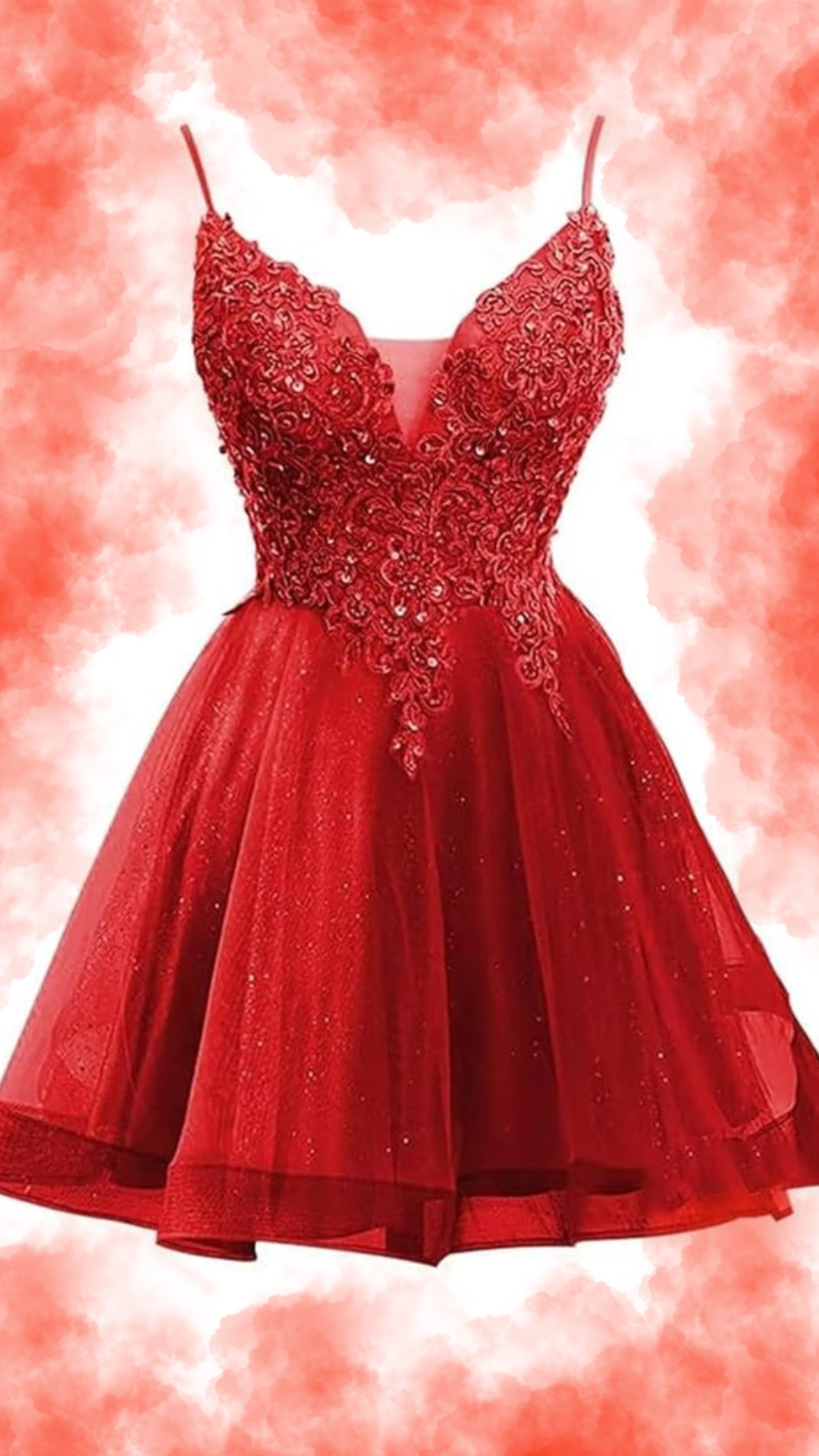 This red homecoming dress features a fitted bodice adorned with intricate sequins and embroidery, creating a glamorous and eye-catching look. With delicate spaghetti straps and a voluminous skirt, it exudes a youthful, romantic vibe, perfect for a party or school dance, making it an ideal choice for teenage girls.