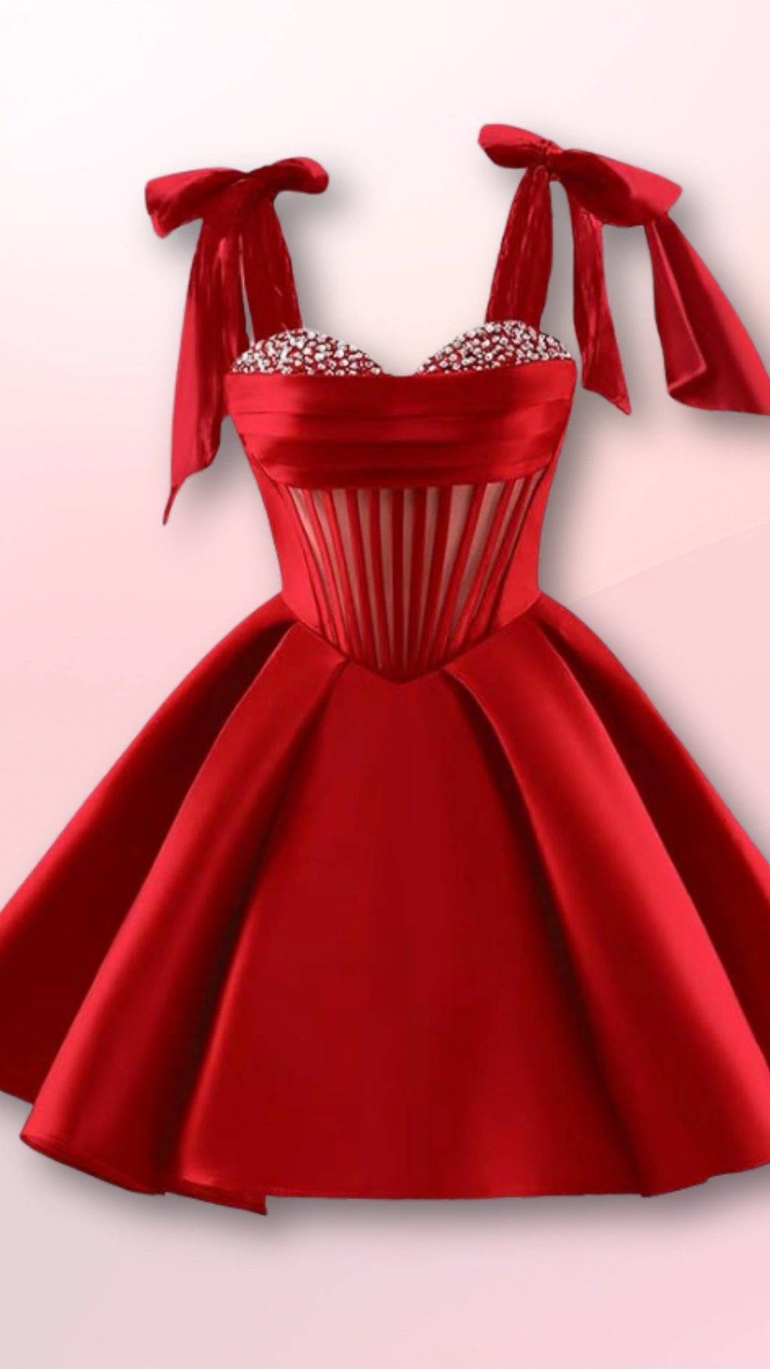 This enchanting red homecoming dress features a fitted bodice with a sweetheart neckline, adorned with intricate beading and delicate ribbon straps, creating a romantic and playful vibe. The satin fabric enhances its luxurious feel, while the voluminous skirt provides a youthful flair, making it ideal for a formal event like homecoming, tailored for teenage girls seeking both elegance and charm.
