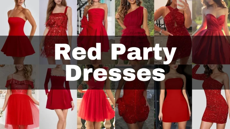 A vibrant selection of red party dresses featuring various styles, including fitted, flared, and tiered silhouettes, constructed from materials like satin and tulle, offering a mix of textures. Each dress showcases shades of red, with patterns ranging from solid hues to sparkling sequins, providing a bold and festive appeal perfect for teen girls at formal events, parties, or school dances, embodying a fun, trendy, and youthful vibe.