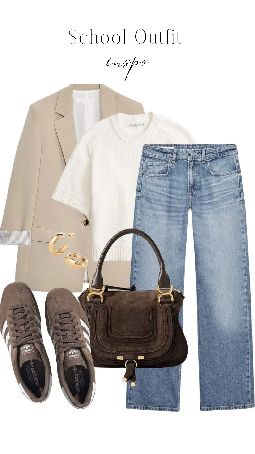 The outfit features a light beige blazer with a subtle striped cuff and a white knitted sweater with a round neckline and ribbed detailing. Paired with high-waisted light blue vintage-style jeans, the look is completed with brown suede sneakers featuring white stripes and a matching brown handbag. This school outfit combines a mix of neutral tones with casual and polished elements for a chic yet comfortable appearance.