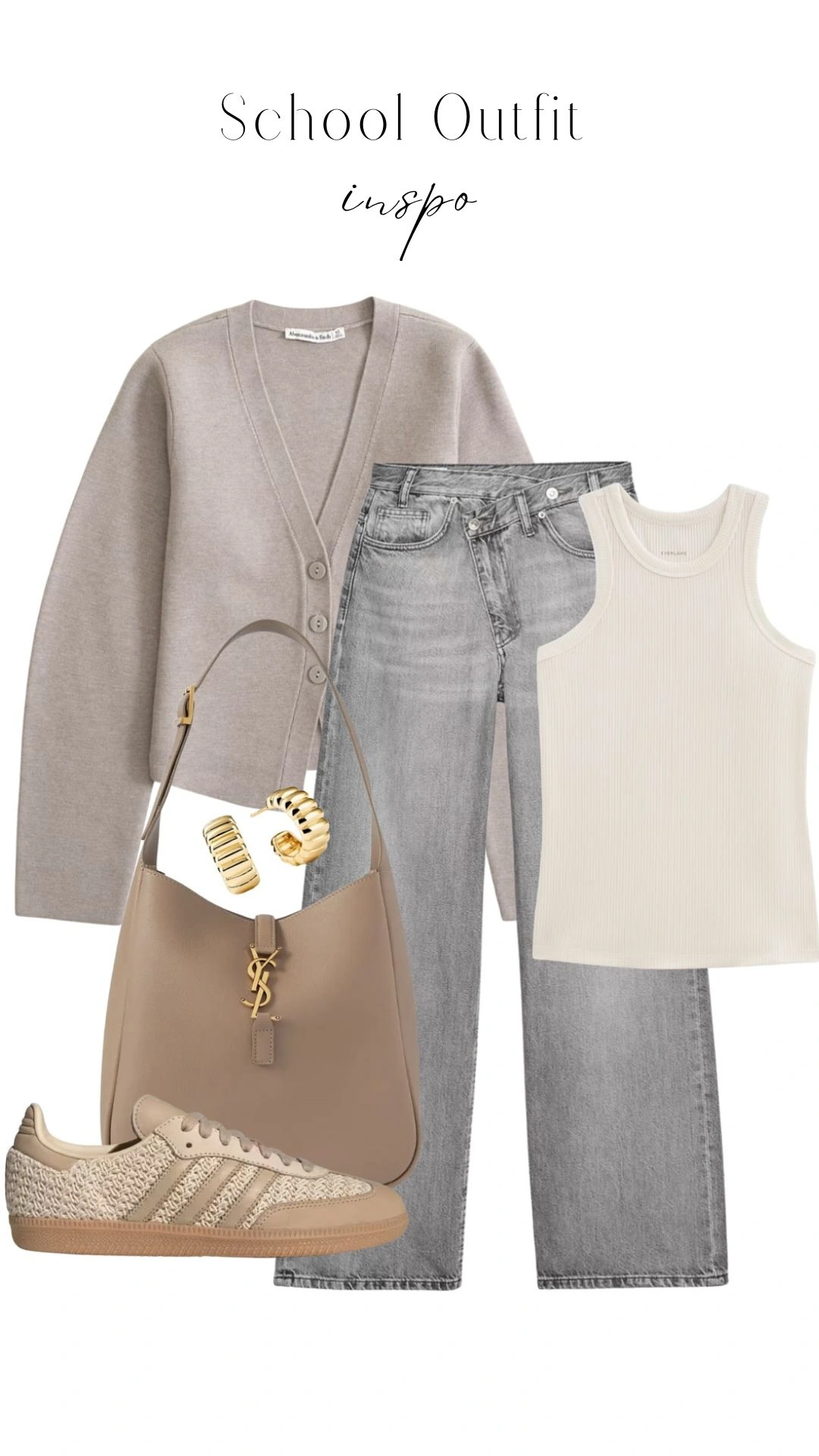 The outfit features a soft beige cardigan with a v-neckline and button front, paired with a light grey ribbed tank top. It includes high-waisted light grey jeans with a relaxed fit, complemented by beige sneakers with a textured design and a neutral-toned handbag. Gold hoop earrings add a touch of elegance to the ensemble, making it a stylish yet comfortable school outfit.