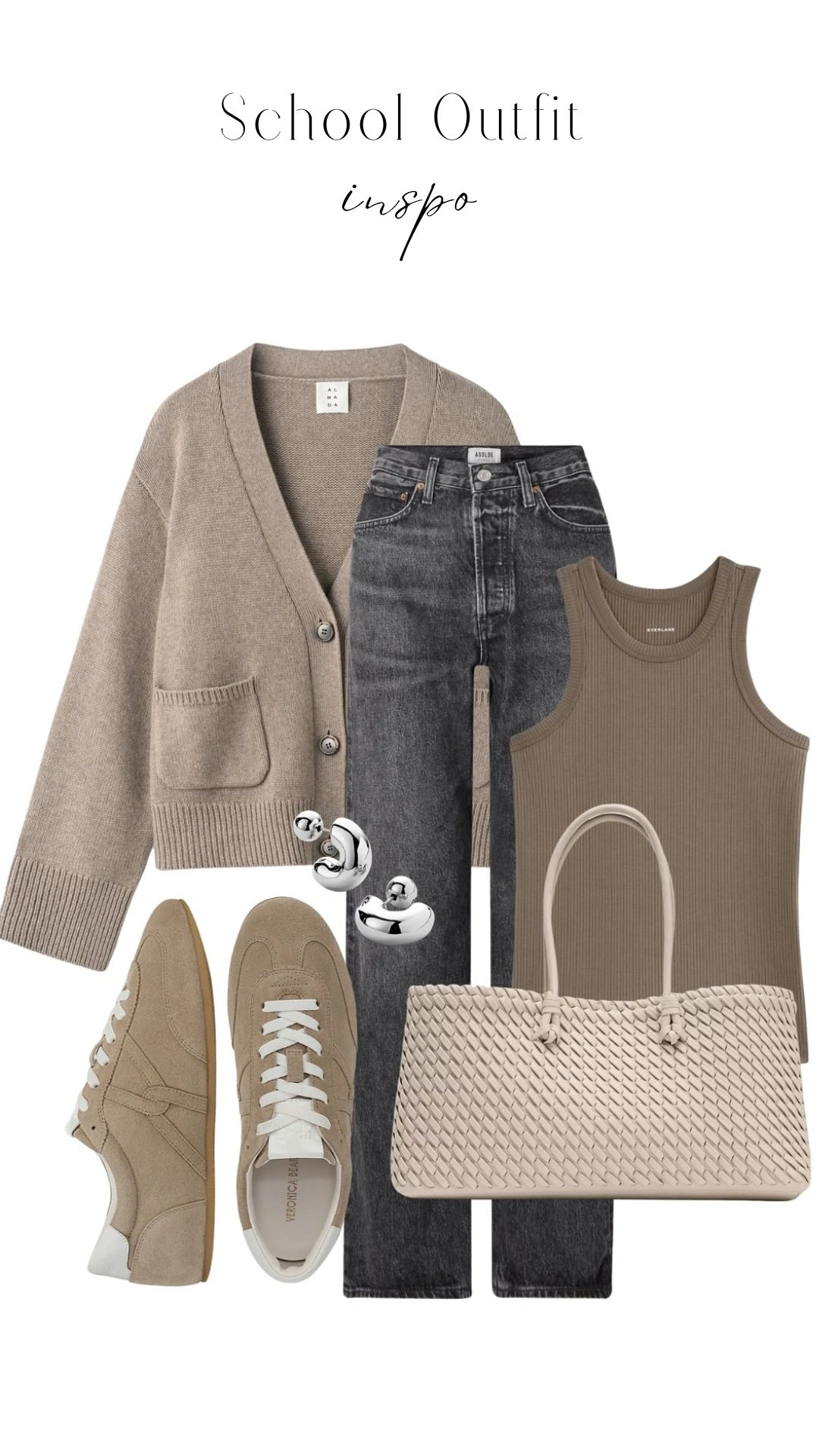 The outfit features a soft, beige knitted cardigan with a V-neckline, casual fit, and ribbed cuffs, paired with high-waisted, dark gray jeans that have a slim leg. Underneath, there is a fitted, ribbed tank top in a similar beige tone, and the ensemble is completed with light beige suede sneakers. A textured, light beige handbag adds a stylish touch, creating a cohesive, neutral color palette ideal for a school setting.