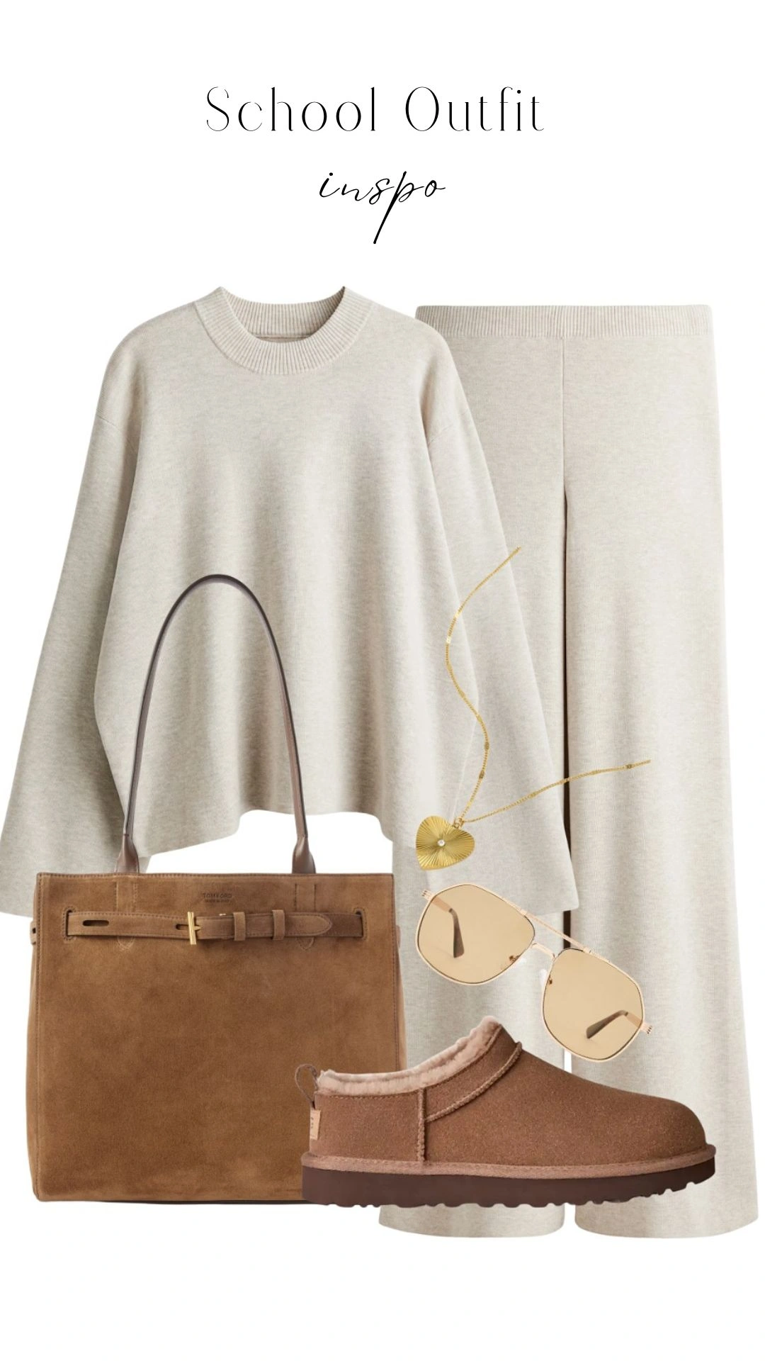 The outfit features a soft, light beige oversized sweater with a crew neckline and long sleeves, paired with matching wide-leg trousers that fall to the mid-calf. Accessories include a structured brown suede handbag and brown slip-on shoes, complemented by minimalistic gold sunglasses and a heart-shaped gold necklace, creating a warm, neutral color palette perfect for a stylish yet comfortable school look.