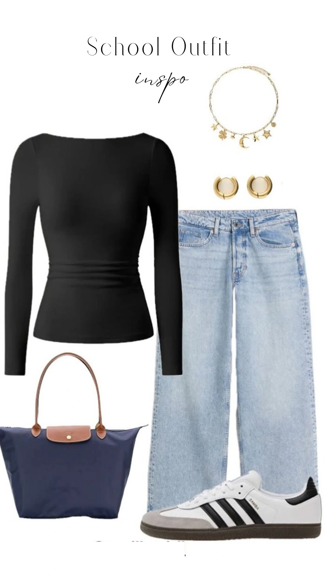 The outfit features a fitted, long-sleeve black top with a boat neckline and ruched detailing at the waist. Paired with high-waisted, light blue jeans that have a relaxed, wide-leg silhouette, the look is complemented by white sneakers with gray and black accents and a navy tote bag. Accessories include gold hoop earrings and a delicate gold choker adorned with star and moon charms.