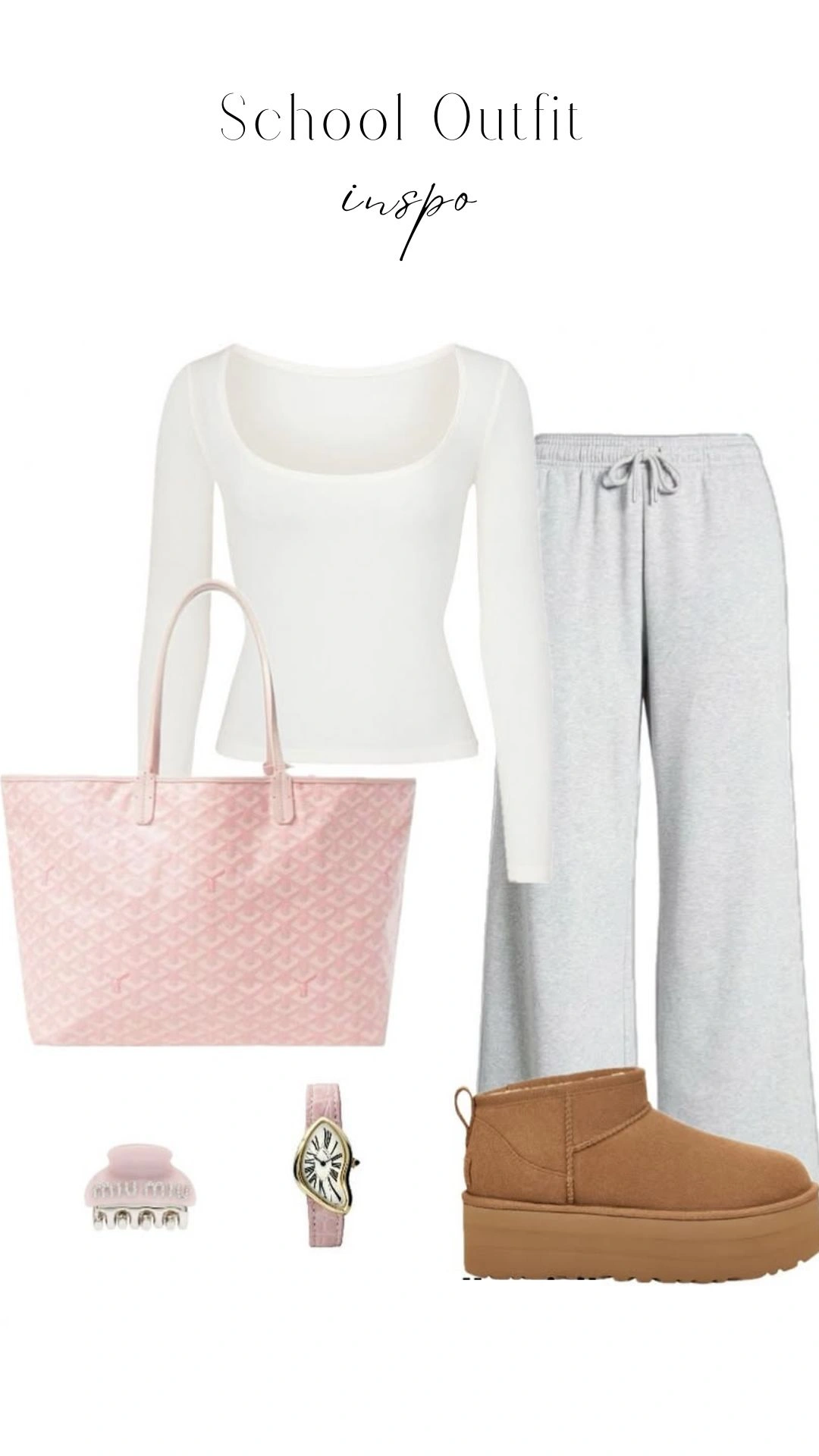 The outfit features a fitted, long-sleeve white top with a scoop neckline paired with light grey, wide-leg sweatpants that have an elastic waistband. Accessories include a blush pink tote bag with a subtle pattern, a light pink watch with a leaf-shaped face, and brown platform ankle boots, creating a comfortable yet stylish school look.