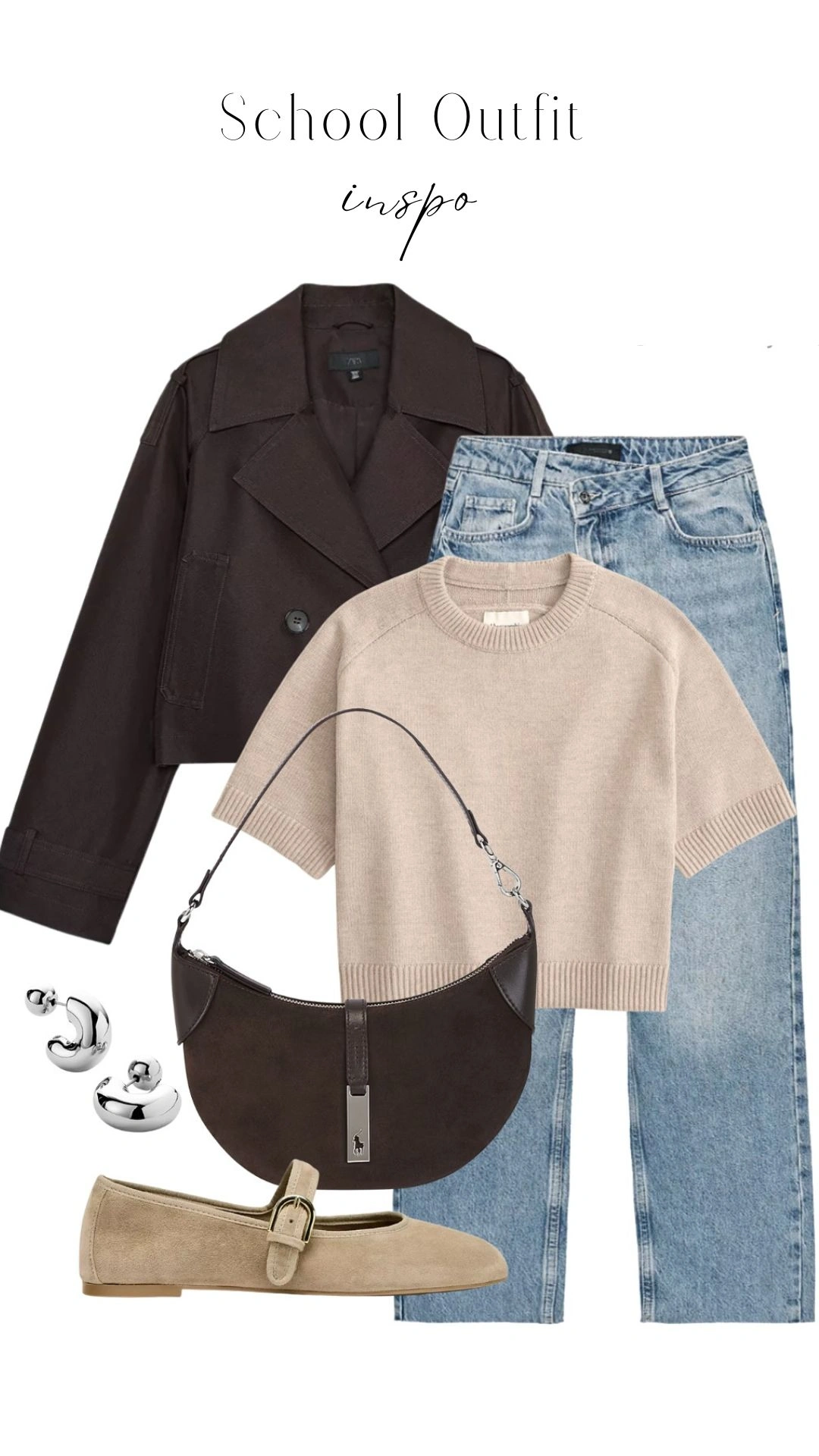 This school outfit features a cropped, dark brown double-breasted jacket with notched lapels, paired with a soft beige short-sleeved sweater, featuring a ribbed neckline and cuffs. The outfit is completed with light blue straight-leg jeans and matching beige ballet flats with a delicate buckle detail, complemented by a curved black handbag. The overall color palette combines earthy tones with light denim for a stylish yet comfortable look.