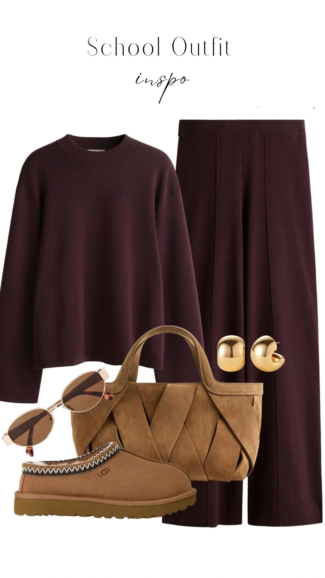 A cozy burgundy sweatshirt features a classic crew neckline with long sleeves, paired with tailored burgundy trousers that have a high waist and straight legs for a polished look. The outfit is complemented by brown slip-on shoes with decorative stitching, a woven suede handbag in the same hue, and chic gold-tone earrings, creating a warm, monochromatic ensemble ideal for school.